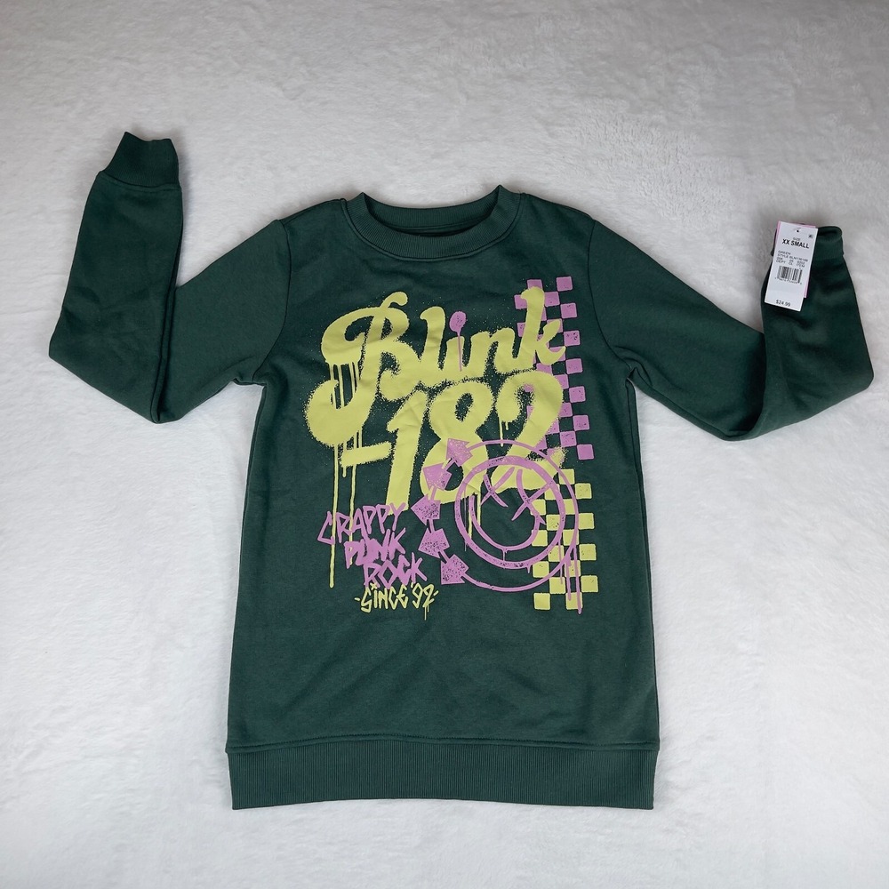 Blink-182 Sweatshirt Womens Sz 2XS Green‎ Graphic Stretch Raglan Sleeve Pullover